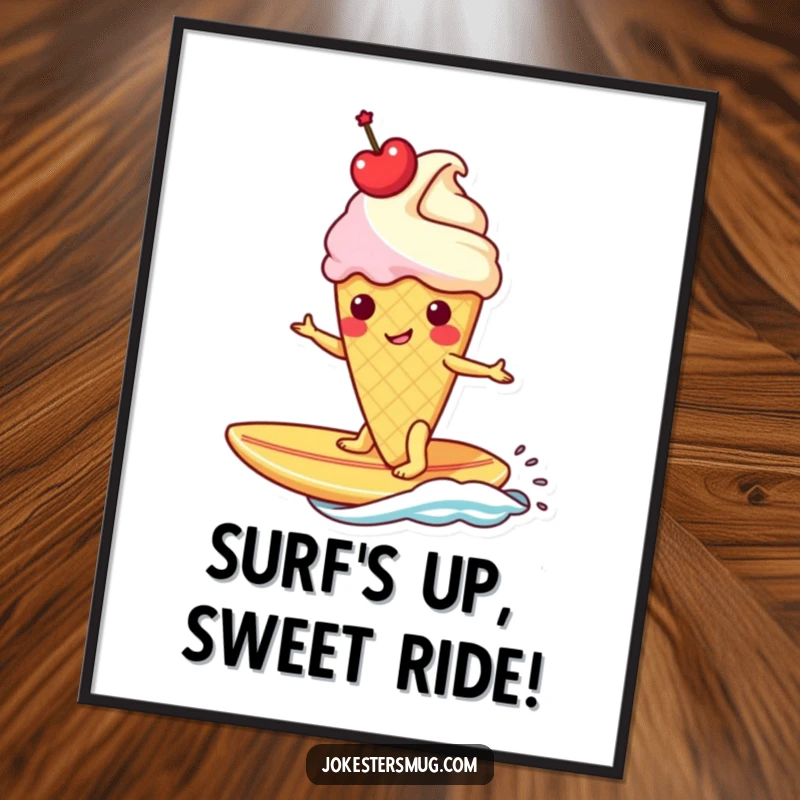 Funny Free Printable Wall Art: A smiling ice cream cone with a cherry crown surfs a banana surfboard, bringing tropical vibes.