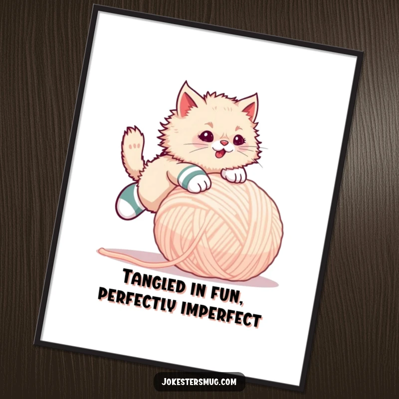 Funny Free Printable Wall Art: Fluffy cat wearing mismatched socks trips over a giant yarn ball, whimsical decor.