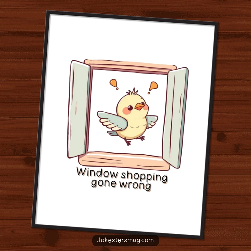 Funny free printable wall art of a bird hilariously confused, attempting to fly through a painted window.