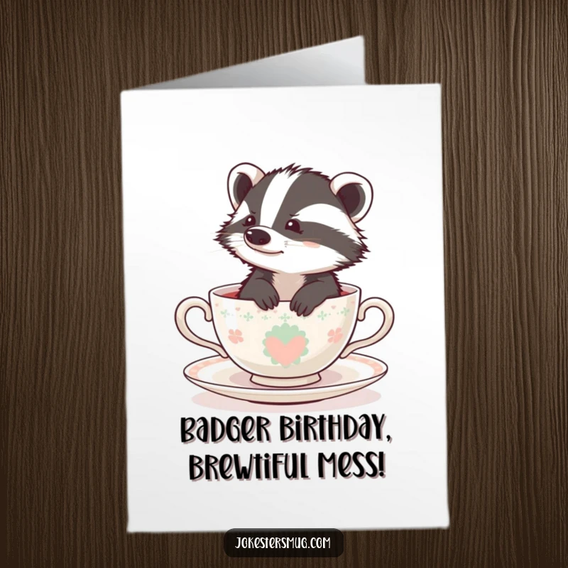 Funny Free Printable birthday card, a bewildered badger comically stuck in a tiny teacup, looking confused and overwhelmed.