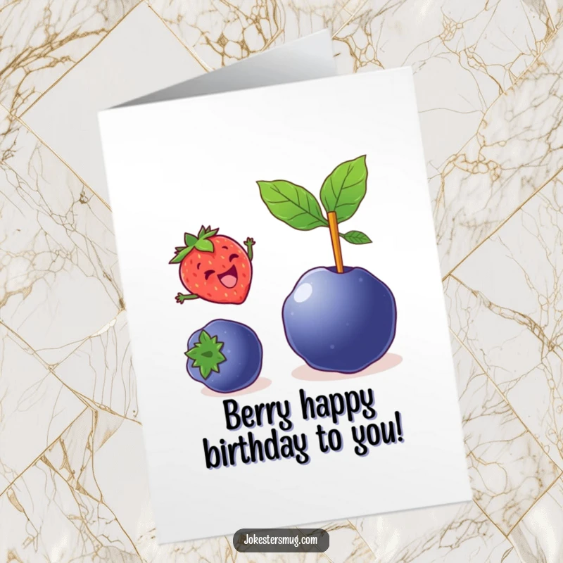 Funny Free Printable Birthday Card: Strawberry pole vaults over a blueberry, a whimsical and joyful design.
