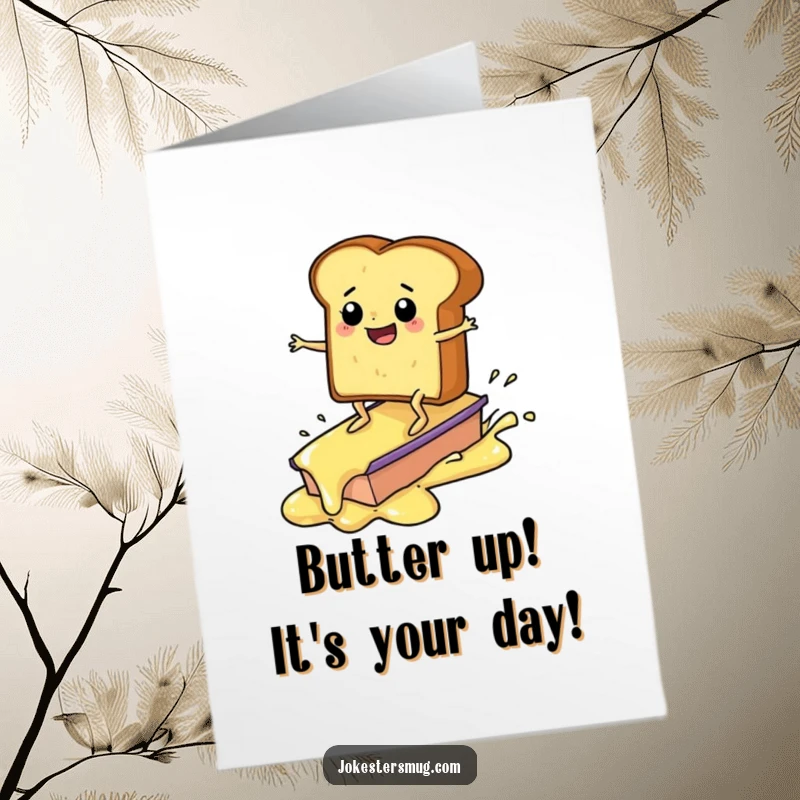 Funny free printable birthday card: A piece of toast with limbs surfs a huge pat of melting butter, looking determined.