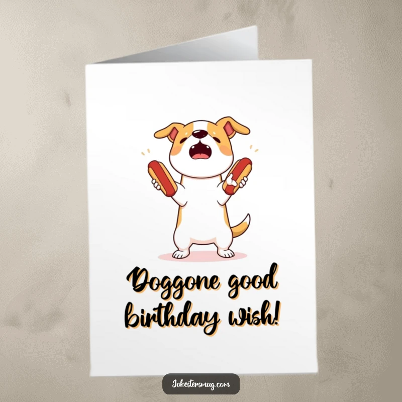 Funny Free Printable Birthday Card: A startled dog hilariously fails at juggling three bouncing hot dogs, perfect for a messy birthday bash.
