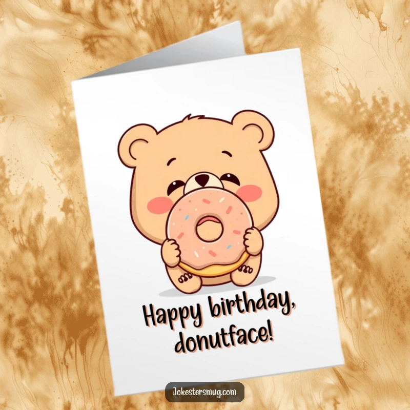 Funny Free Printable Birthday Card: Bewildered bear with a donut stuck to its nose, a downloadable gift.