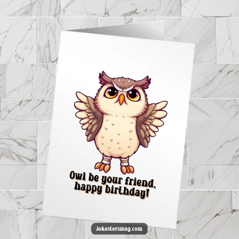 Funny Free Printable birthday card, a confused owl comically wearing socks on its wings, looking perplexed and slightly tangled.