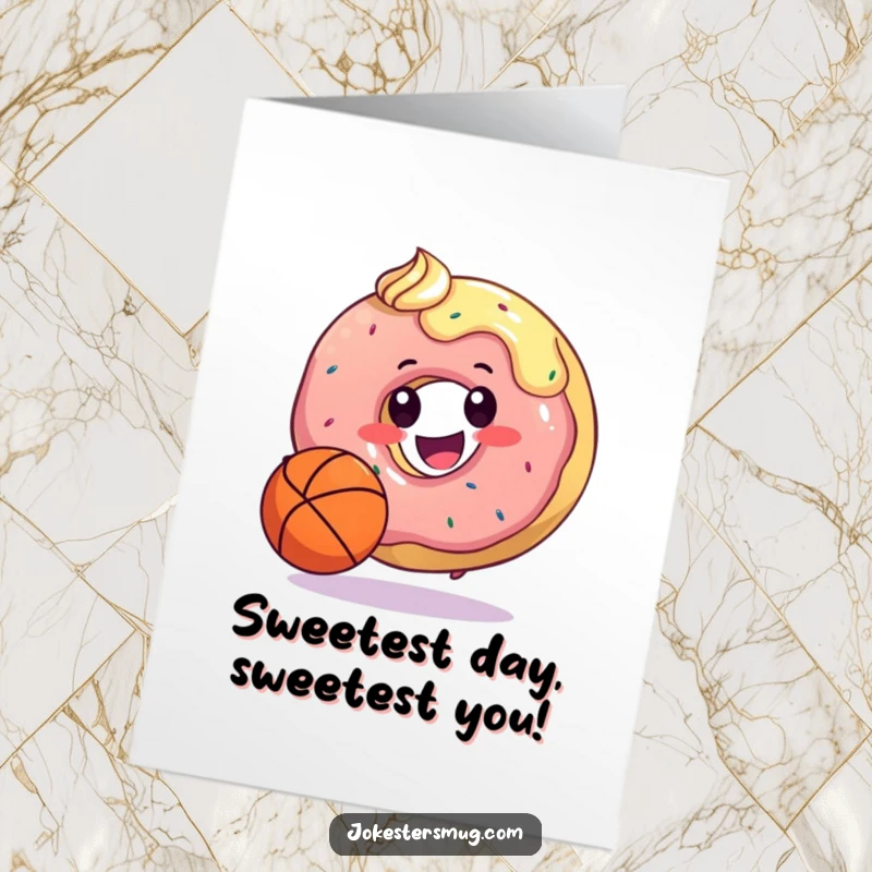 Funny Free Printable Birthday Card: A happy donut masterfully dribbling a basketball with its colorful frosting, ready for game day.