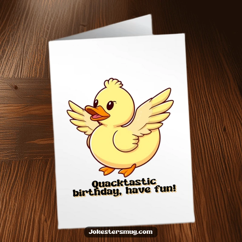 Funny free printable birthday card: A rubber duck with clumsy feather wings bravely attempts to fly, looking hopeful.