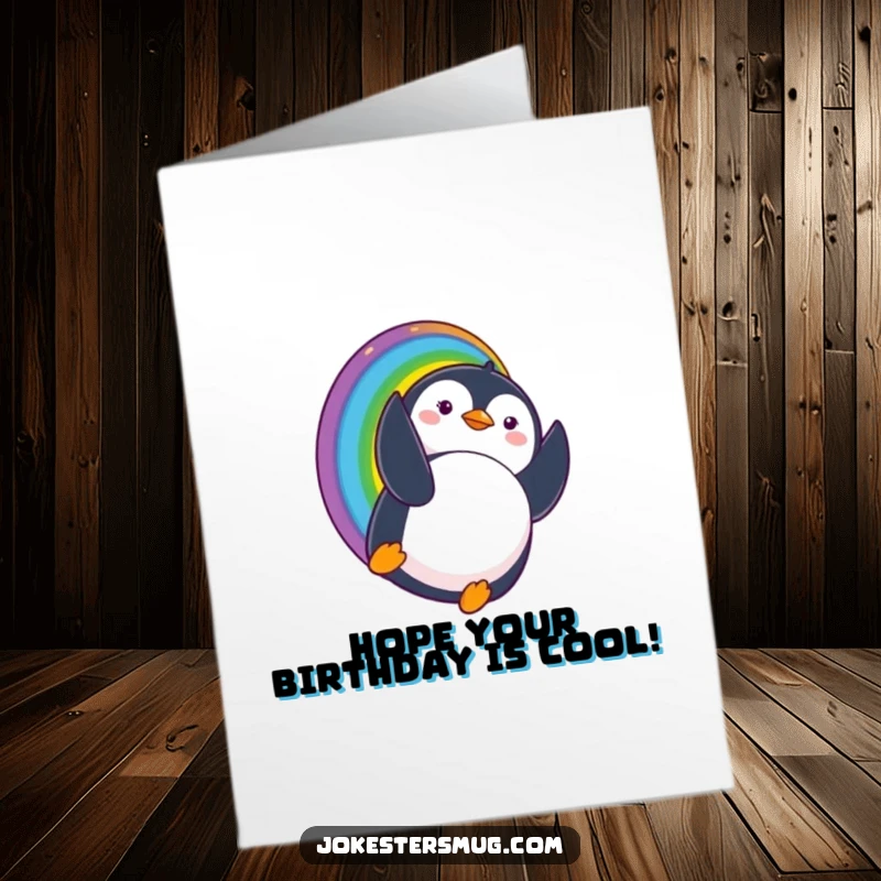 Funny Free Printable Birthday Card: A penguin slides down a rainbow, landing upside down with a hilariously surprised expression.