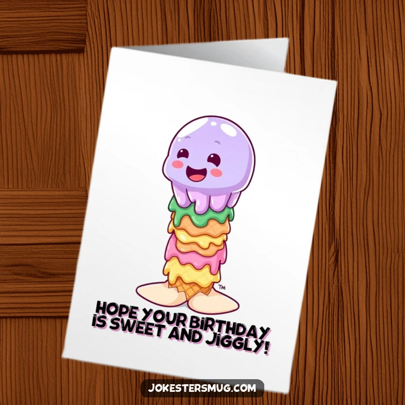 Funny Free Printable Birthday Card: A wobbly jelly character attempts to balance precariously on a stack of melting ice cream cones.