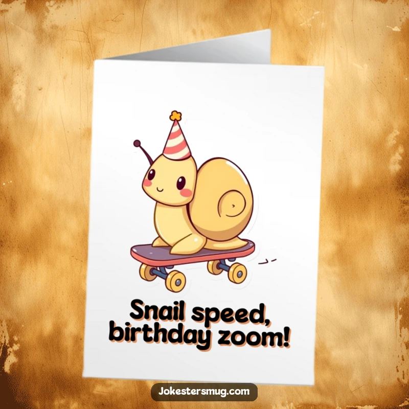 Funny Free Printable Birthday Card: A snail wearing a tiny party hat, comically zooming at high speed on a skateboard.