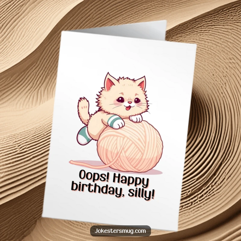 Funny Free Printable Birthday Card: Fluffy cat in mismatched socks trips over a giant yarn ball, chaotic fun.
