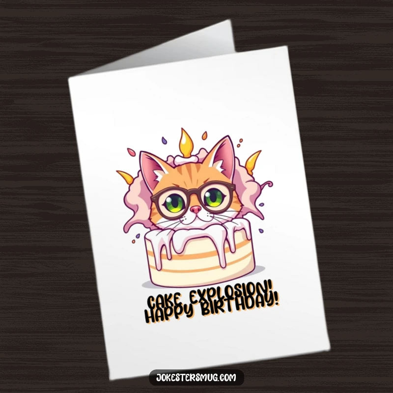 Funny Free Printable Birthday Card: A bewildered cat in big glasses peeks from behind a giant, exploding birthday cake, chaotic fun.