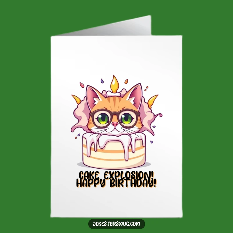 Funny Free Printable Birthday Card: Bewildered Cat & Exploding Cake, Hilarious Downloadable Gift
