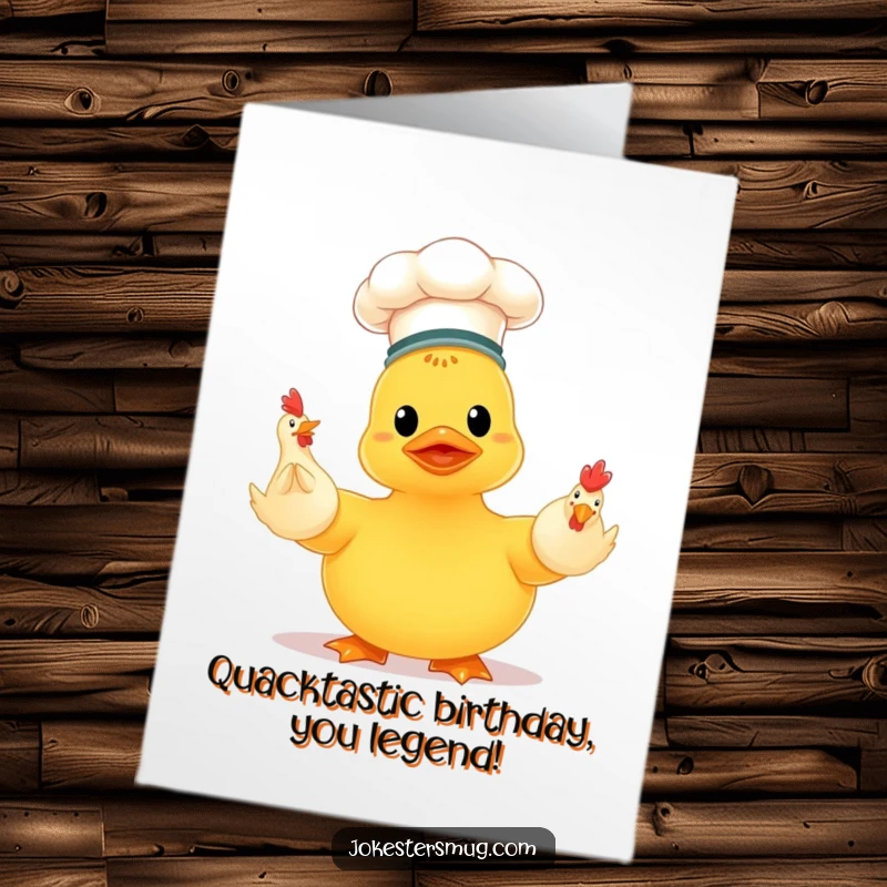 Funny Free Printable Birthday Card: A duck in a chef hat awkwardly juggles rubber chickens, ready to deliver birthday wishes.