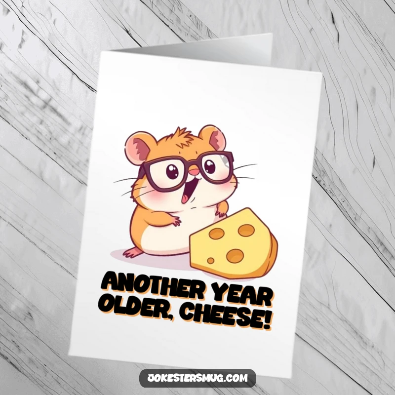 Funny Free Printable Birthday Card: Surprised hamster in glasses trips over giant cheese slice, ready for cake.