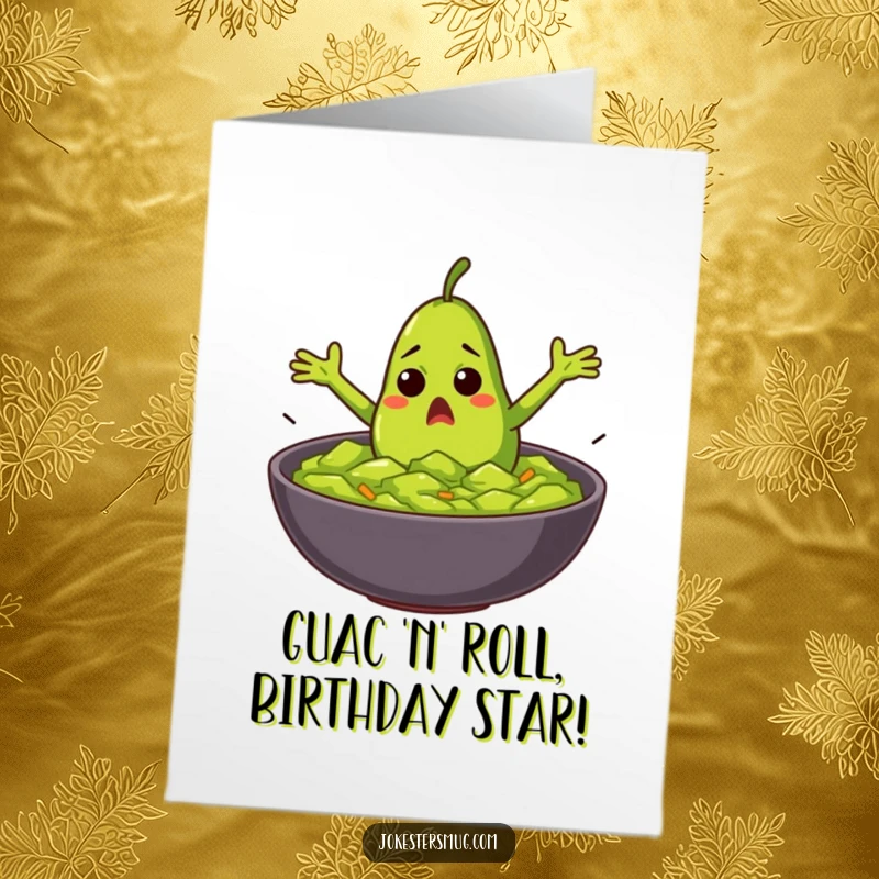 Funny Free Printable Birthday Card: A startled avocado comically flailing into a bowl of delicious guacamole.