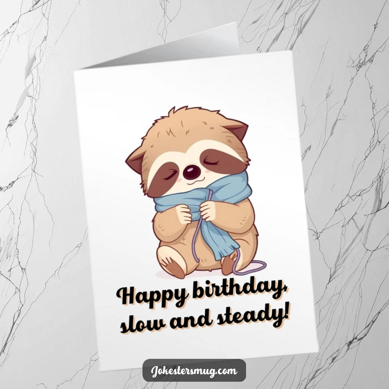 Funny Free Printable Birthday Card: Sleepy sloth tangled in yarn while knitting, wishing you a happy birthday.