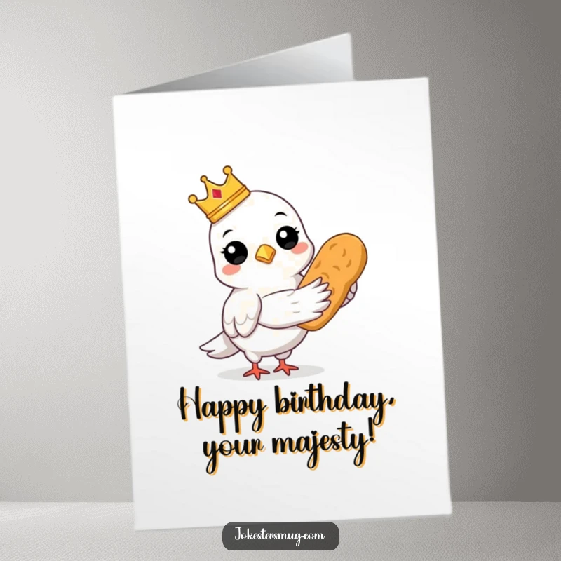 Funny Free Printable Birthday Card: Pigeon wearing a crown proudly holds bread, a regal downloadable gift.
