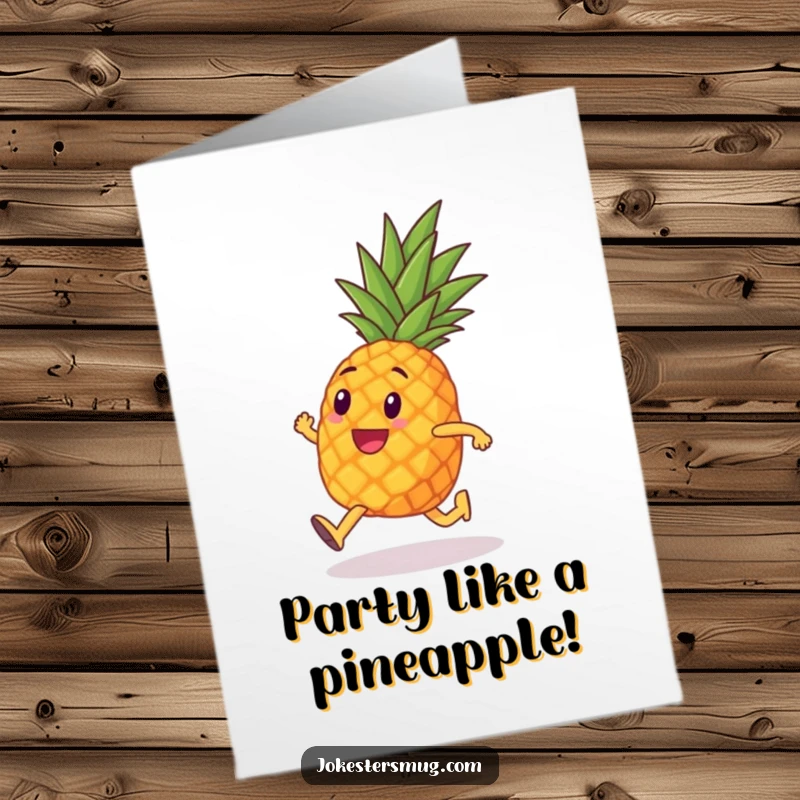 Funny Free Printable Birthday Card: A pineapple with tiny legs comically running a marathon, showing determination and humor.