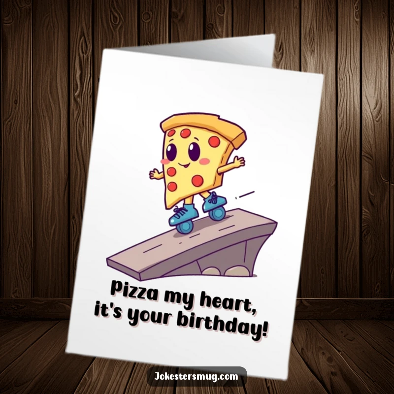 Funny Free Printable birthday card, a pizza slice on roller skates launching off a ramp with speed lines, humorous greeting.