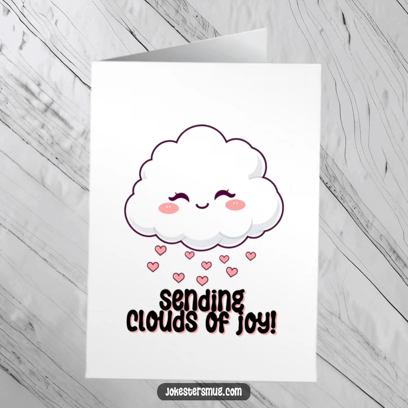 Funny Free Printable Birthday Card showing a fluffy cloud winking mischievously and raining tiny hearts.