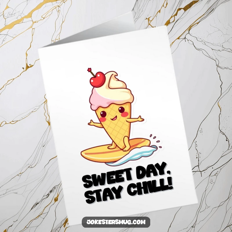 Funny Free Printable Birthday Card featuring a happy ice cream cone with a cherry crown surfing a banana surfboard, ready to party.