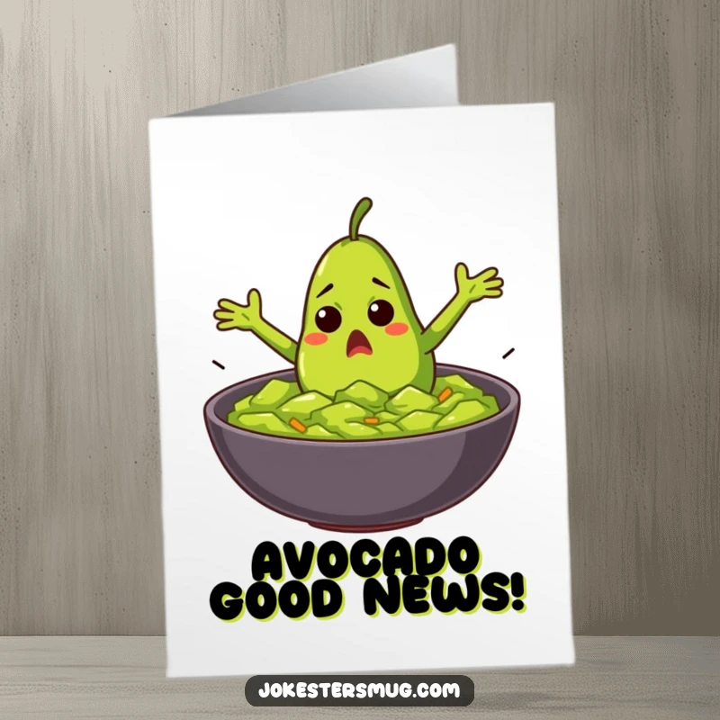Funny Free Printable Congratulations Card: A startled avocado diving headfirst into a bowl of guacamole.