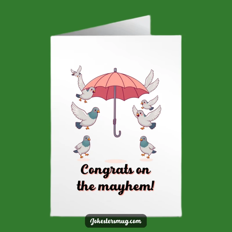 Free Printable Congrats Card: Pigeons & Umbrella Mishap, Funny Downloadable Greeting