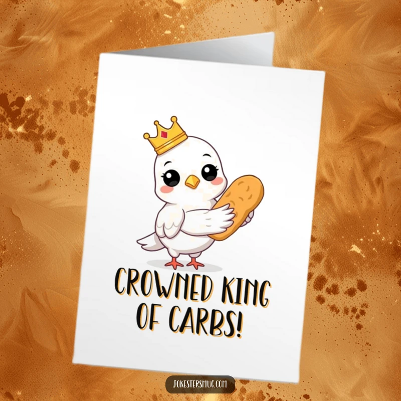 Funny Free Printable Congratulations Card: Pigeon wearing a crown proudly holds bread, a regal downloadable gift.