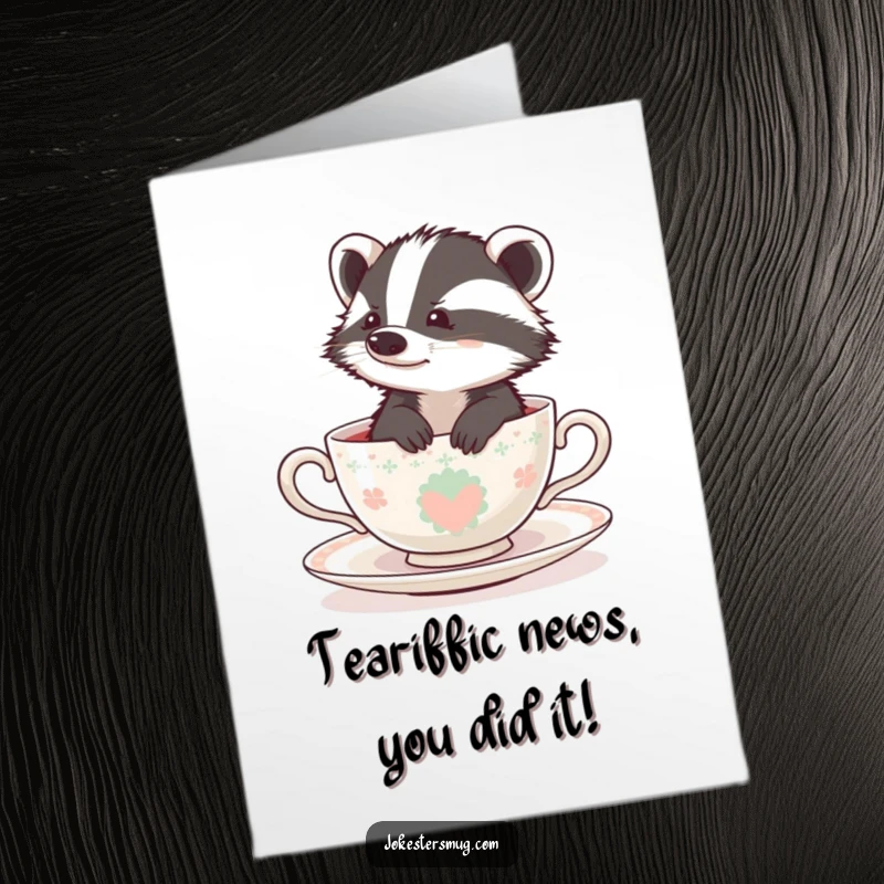 Funny Free Printable congratulations card, a bewildered badger stuck inside a small teacup, looking slightly panicked but adorable.