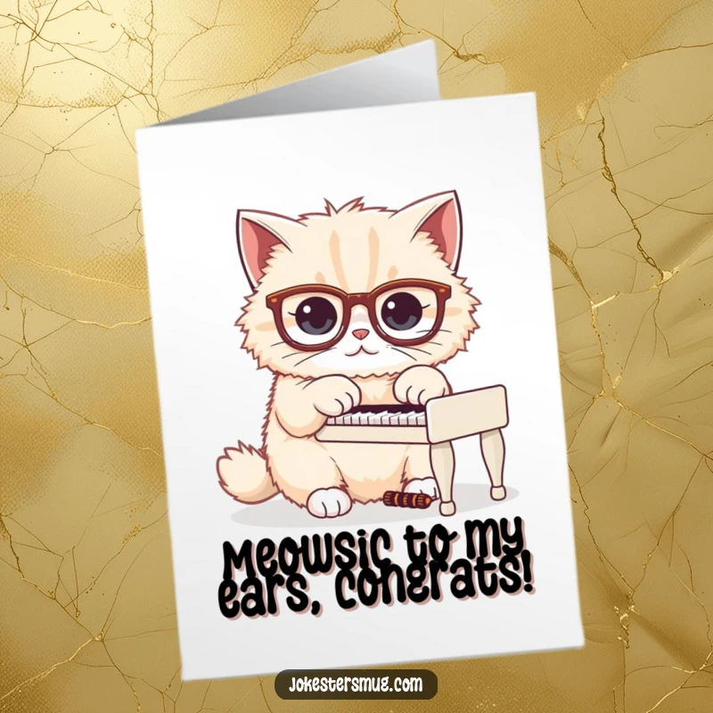 Funny Free Printable Congratulations Card: Fluffy cat in big glasses attempting to play a tiny piano, celebrating a grand accomplishment.