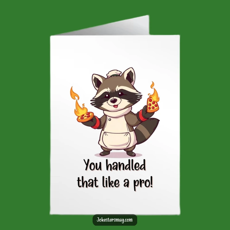 Free Printable Congrats Card: Flaming Pizza Raccoon, Downloadable Fiery Achievement Art