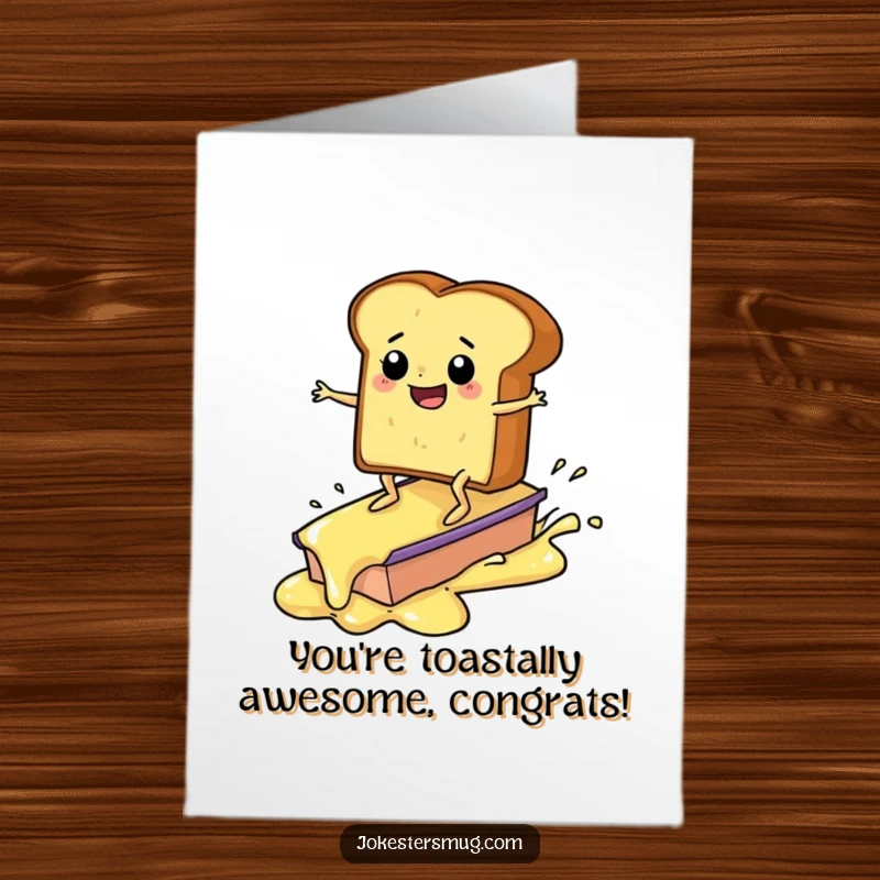 Funny free printable congratulations card: A piece of toast with arms and legs rides a melting butter pat like a surfboard.