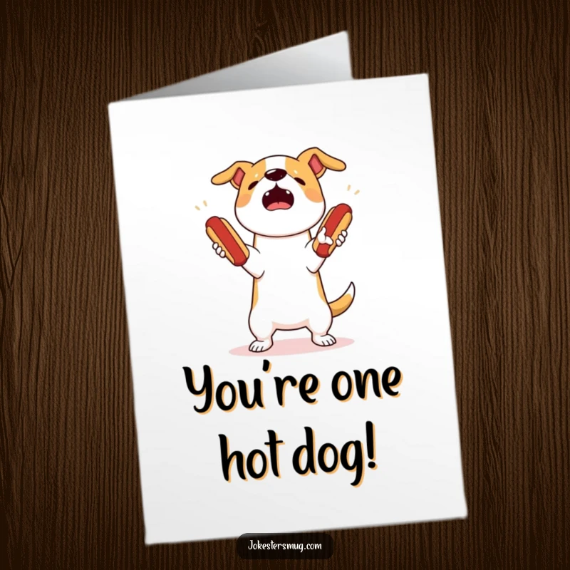 Funny Free Printable Congrats Card: A startled dog attempts to juggle hot dogs but drops them all, a humorous take on effort.