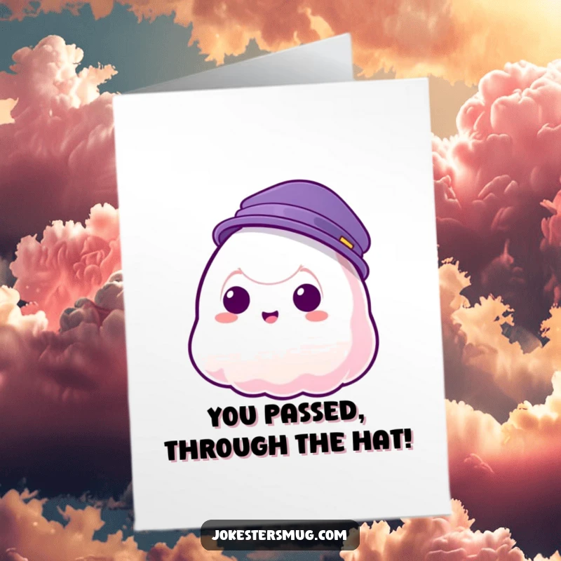 Funny free printable congratulations card: a wobbly jelly blob humorously fails to wear a hat as it phases through its form.