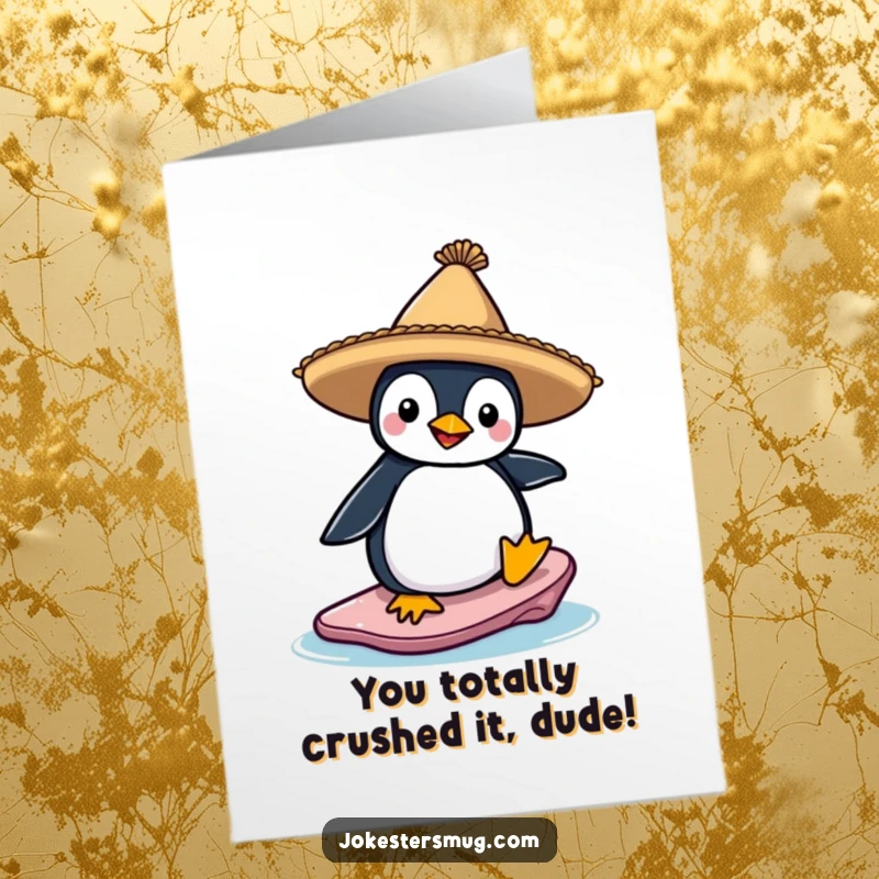 Funny free printable congratulations card of a penguin in a sombrero surfing an ice floe, celebrating a big accomplishment.