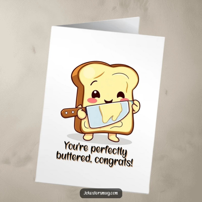 Funny free printable congratulations card: a happy toast character clumsily butters itself, celebrating a well-deserved win.