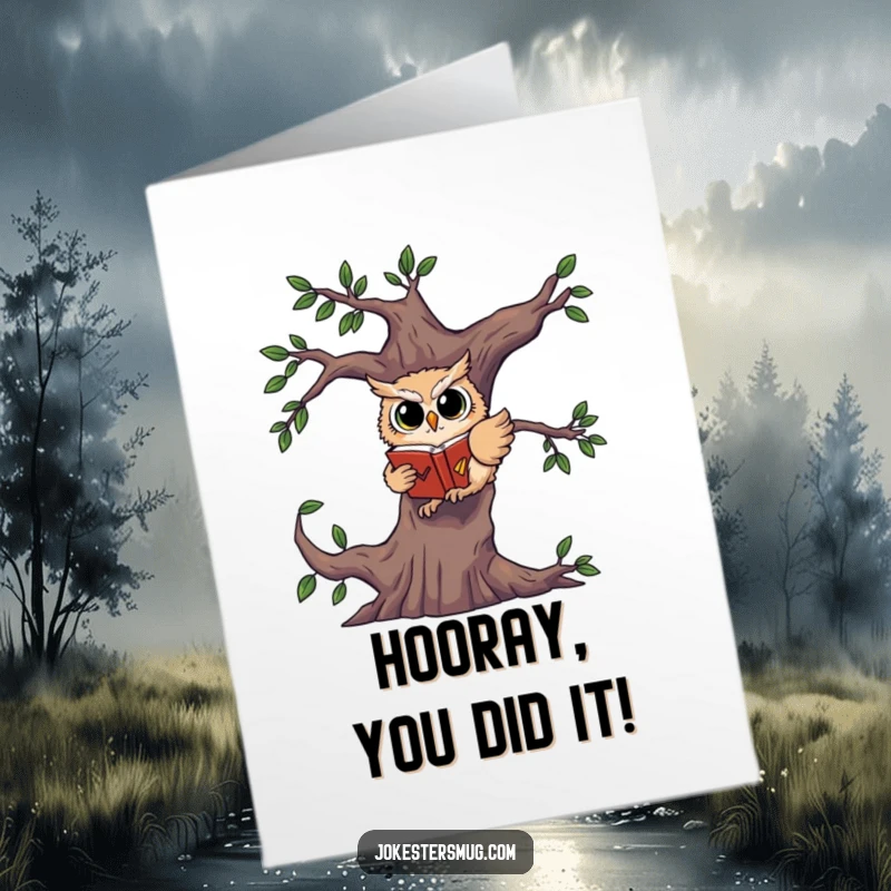 Funny Free Printable Congratulations Card: A startled owl tumbling from a tree, clutching a book, symbolizing an unexpected but successful outcome.