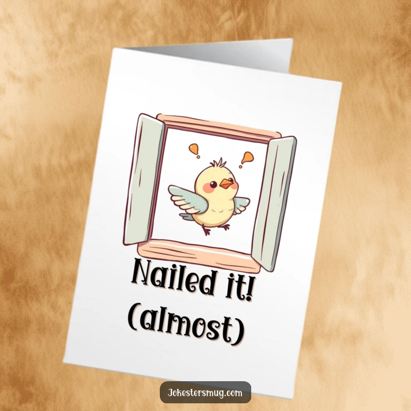 Funny free printable congratulations card with a bird confusedly flying into a painted window, a delightful mishap.