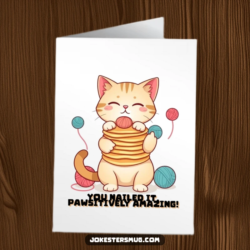 Funny free printable congratulations card: A cat masterfully balances pancakes on its nose, ready to celebrate your success.