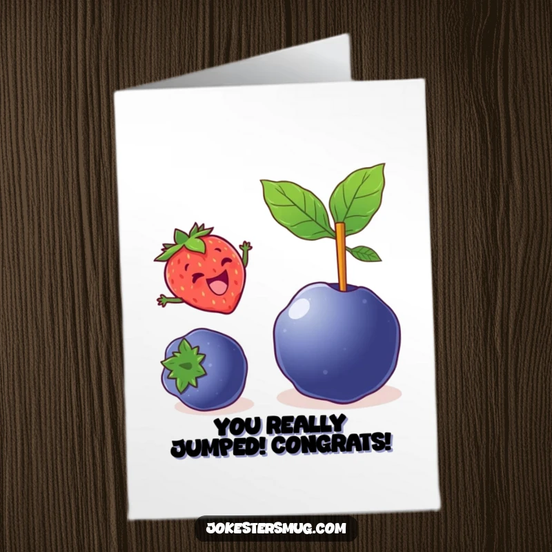 Funny Free Printable Congratulations Card: A strawberry pole vaults over a blueberry, symbolizing overcoming challenges.