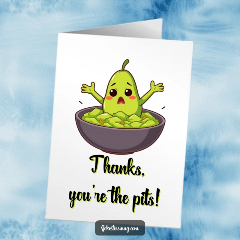 Funny Free Printable Thank You Card: A startled avocado flailing wildly as it dives into a bowl of guacamole.