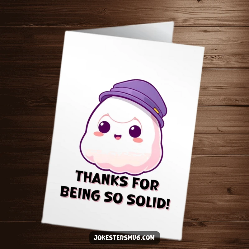 Funny free printable thank you card: a jelly blob attempts to wear a hat but it goes right through, creating a funny moment.