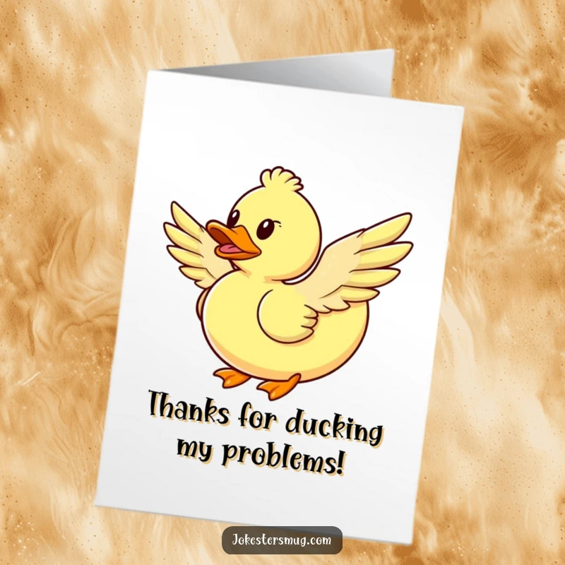 Funny free printable thank you card: A rubber duck with attached feather wings tries to fly, expressing thanks.