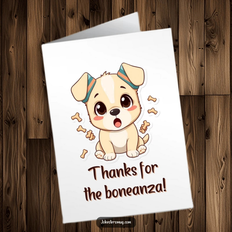 Funny Free Printable Thank You Card: Surprised puppy with socks on ears juggling bones, a downloadable gift of thanks.