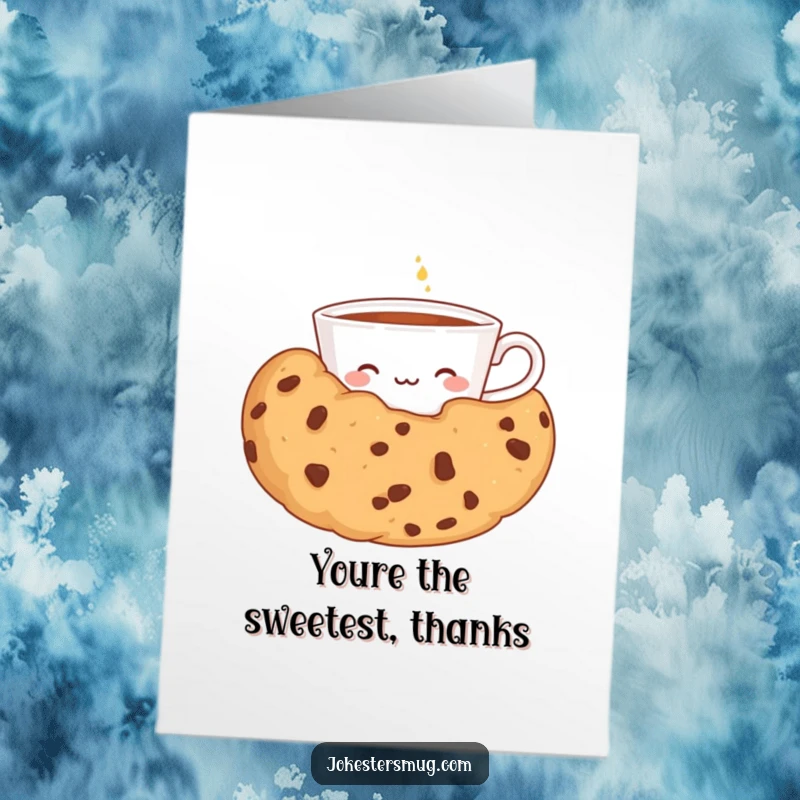 Funny Free Printable Thank You Card: A shy teacup peeking from behind a giant cookie, a humorous way to say thank you.