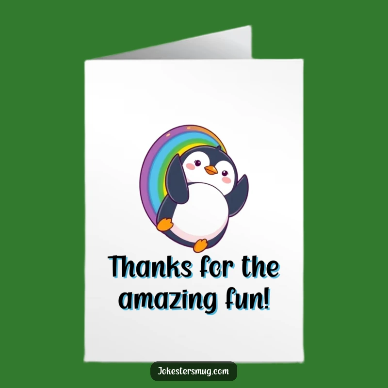 Free Printable Thank You Card: Penguin Rainbow Landing Funny Downloadable Gift
