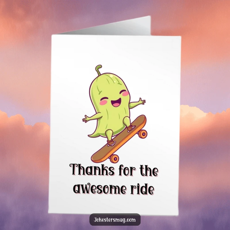 Funny Free Printable Thank You Card: A giggling pickle performing a skateboard ollie, conveying thanks with style.