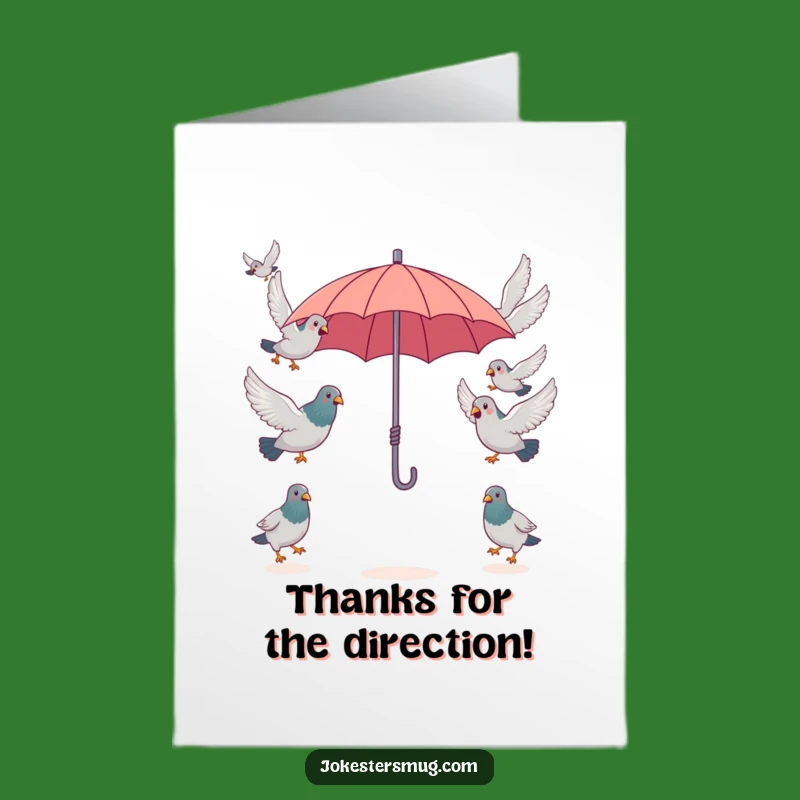 Funny Free Printable Thank You Card: Pigeon Chaos Under Umbrella, Humorous Downloadable Gift