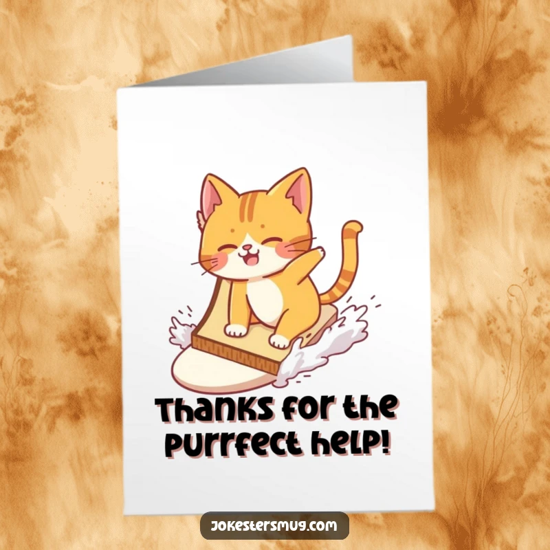 Funny Free Printable Thank You Card: A cat comically wiping out while attempting to surf a giant slice of toast.